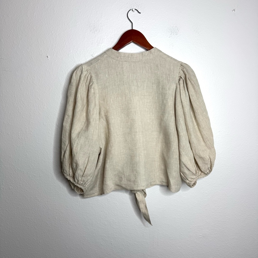 Lanhtropy Natural‎ Bubble Linen Crop Top Beige Tie Waist - Picture 3 of 7